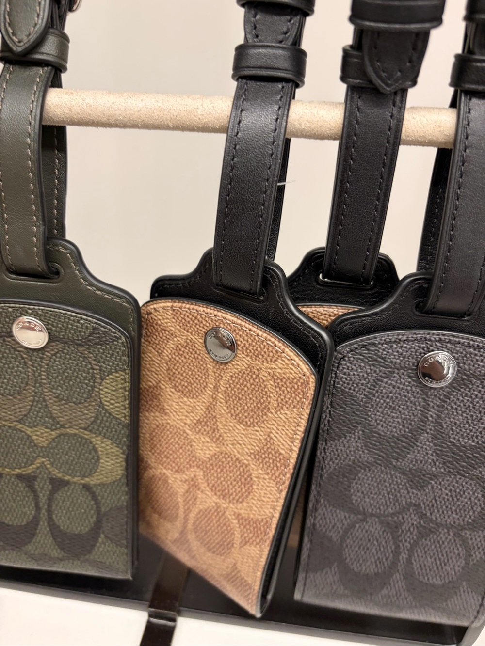 Coach Mini Luggage Tag Trio in Olive Green, Tan, and Black